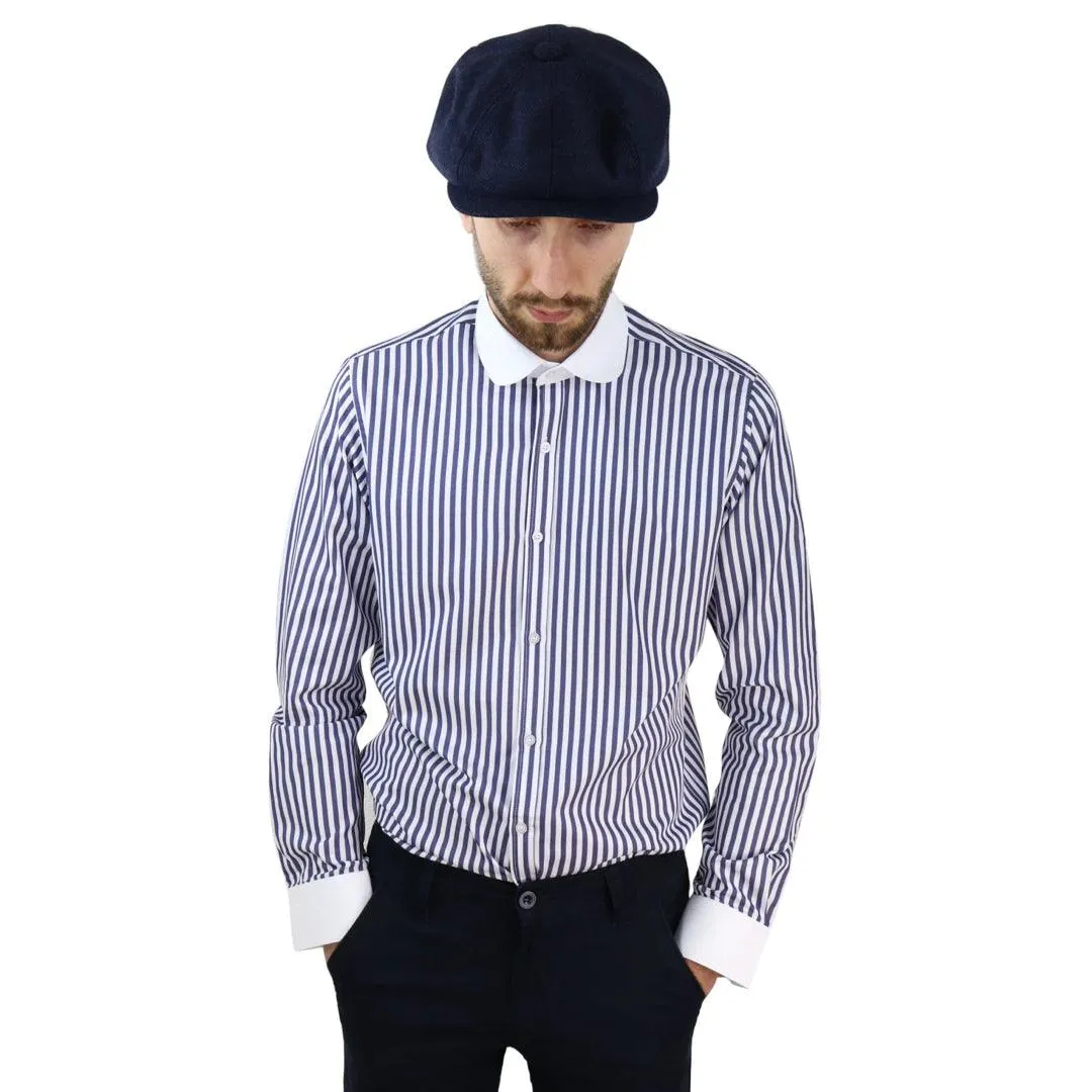 Mens Penny Button Shirt Round Collar Peaky Blinders Stripe Regular Fit Classic