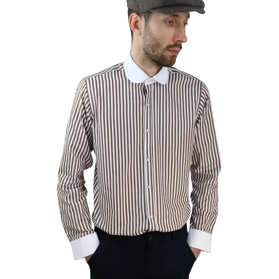 Mens Penny Button Shirt Round Collar Peaky Blinders Stripe Regular Fit Classic