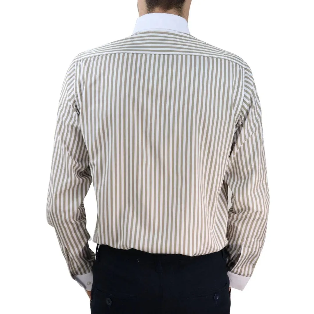 Mens Penny Button Shirt Round Collar Peaky Blinders Stripe Regular Fit Classic