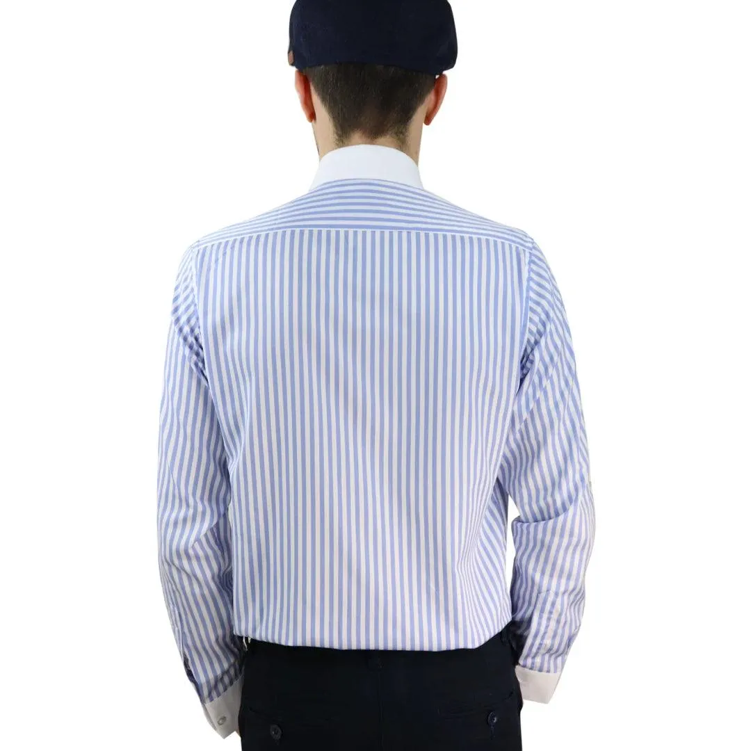 Mens Penny Button Shirt Round Collar Peaky Blinders Stripe Regular Fit Classic