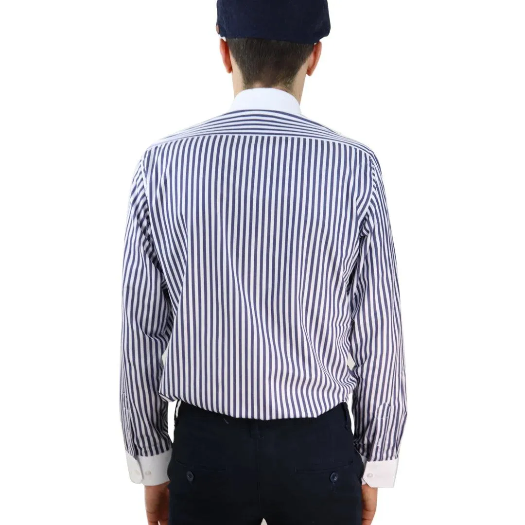 Mens Penny Button Shirt Round Collar Peaky Blinders Stripe Regular Fit Classic