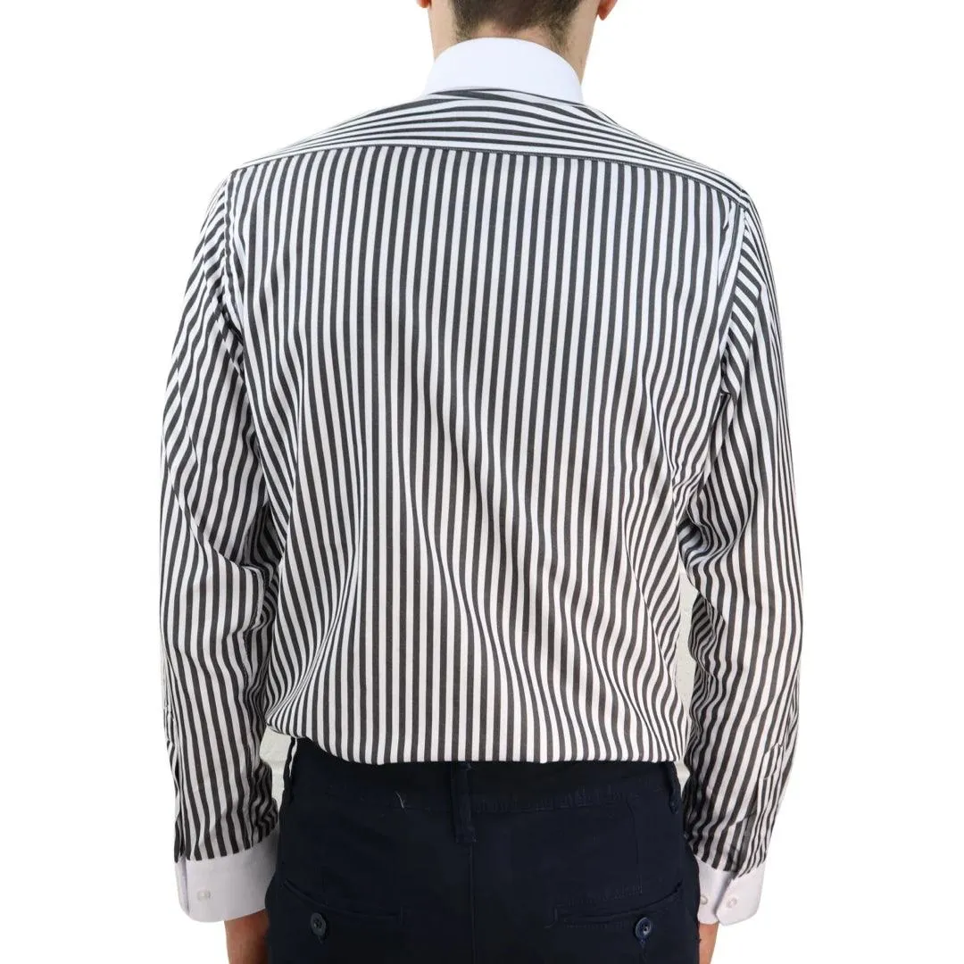 Mens Penny Button Shirt Round Collar Peaky Blinders Stripe Regular Fit Classic