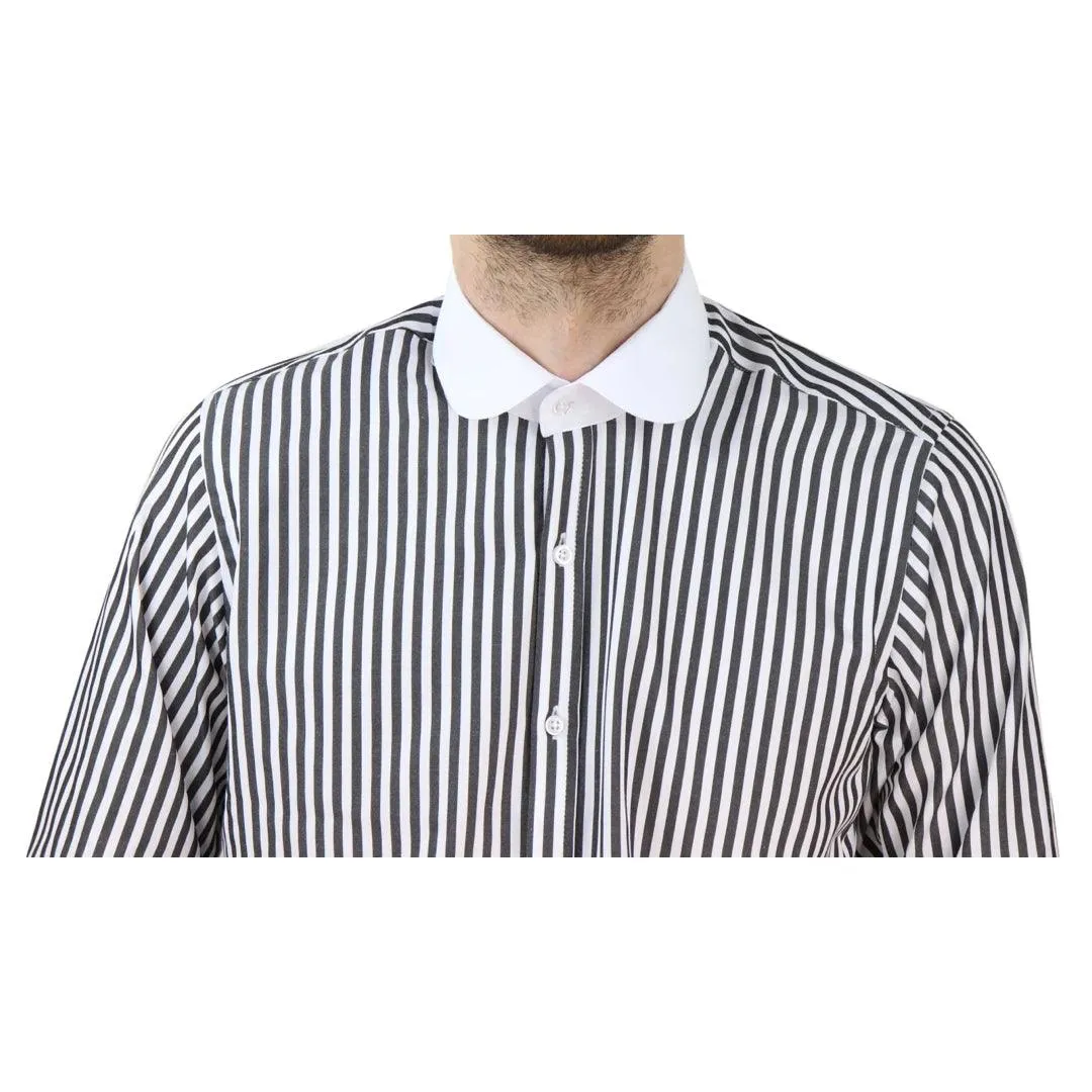 Mens Penny Button Shirt Round Collar Peaky Blinders Stripe Regular Fit Classic
