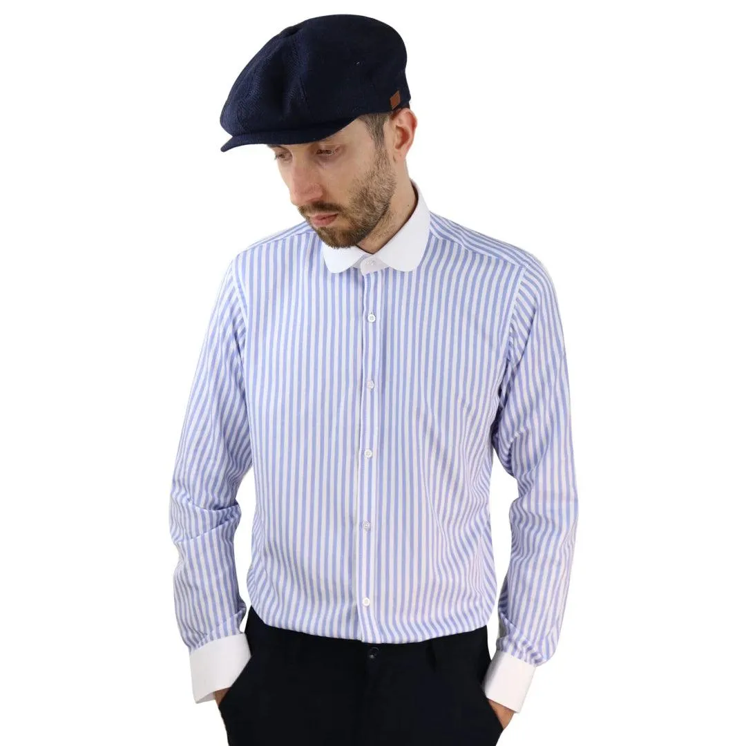 Mens Penny Button Shirt Round Collar Peaky Blinders Stripe Regular Fit Classic