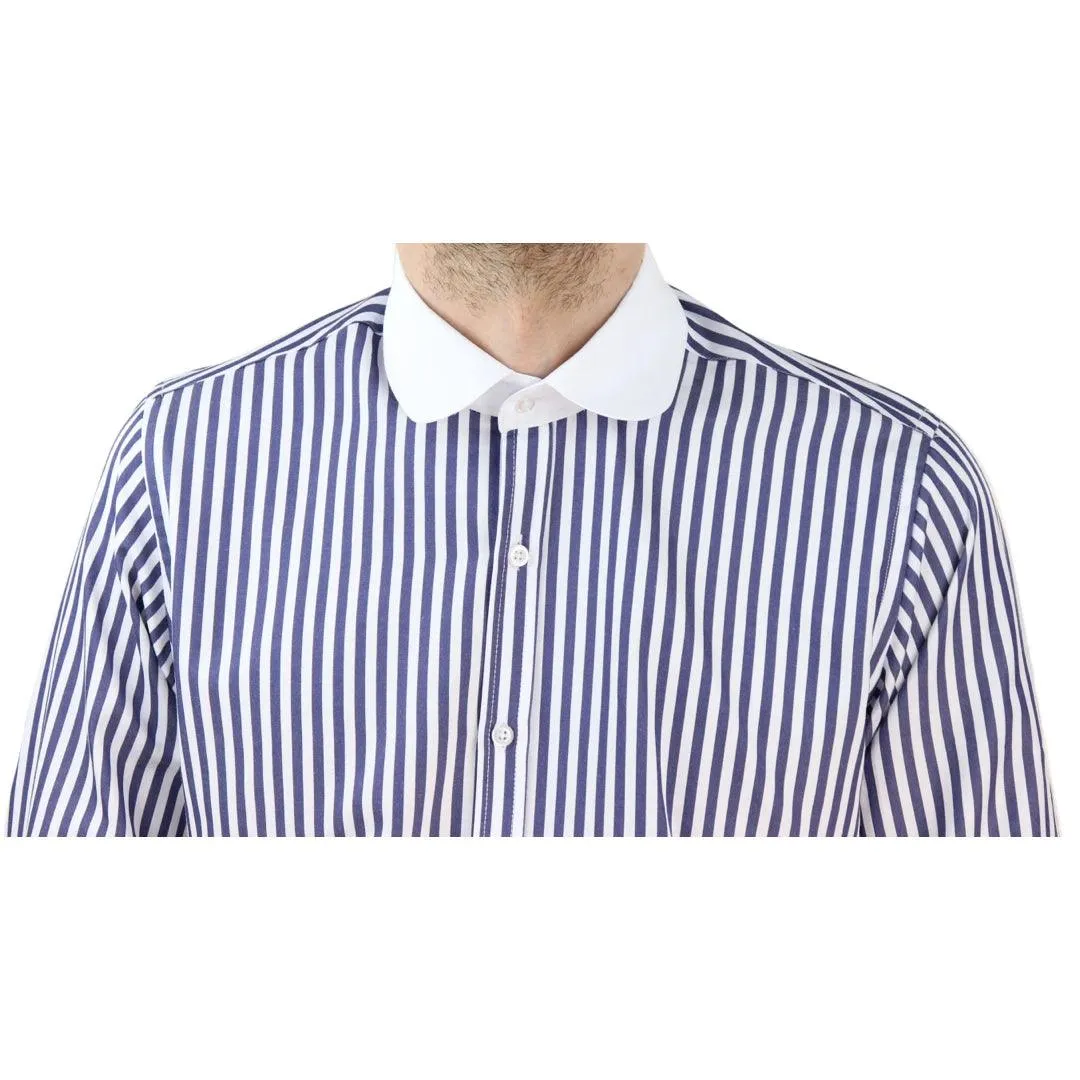 Mens Penny Button Shirt Round Collar Peaky Blinders Stripe Regular Fit Classic