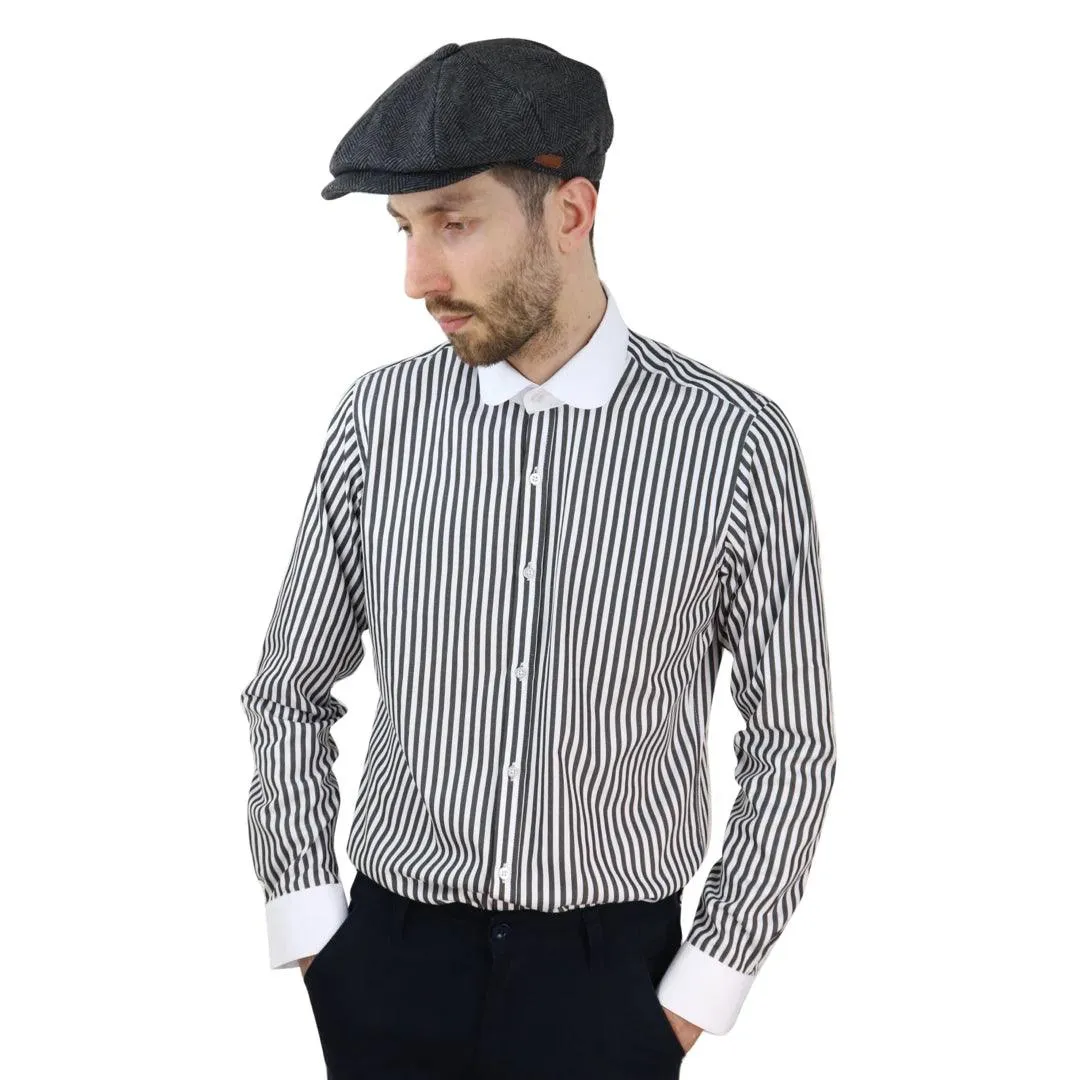 Mens Penny Button Shirt Round Collar Peaky Blinders Stripe Regular Fit Classic