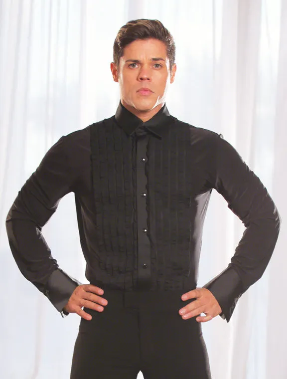 Men's Ruffled Tuxedo Ballroom Shirt with Snap Closure and Built-in Bodysuit/Trunks MS8