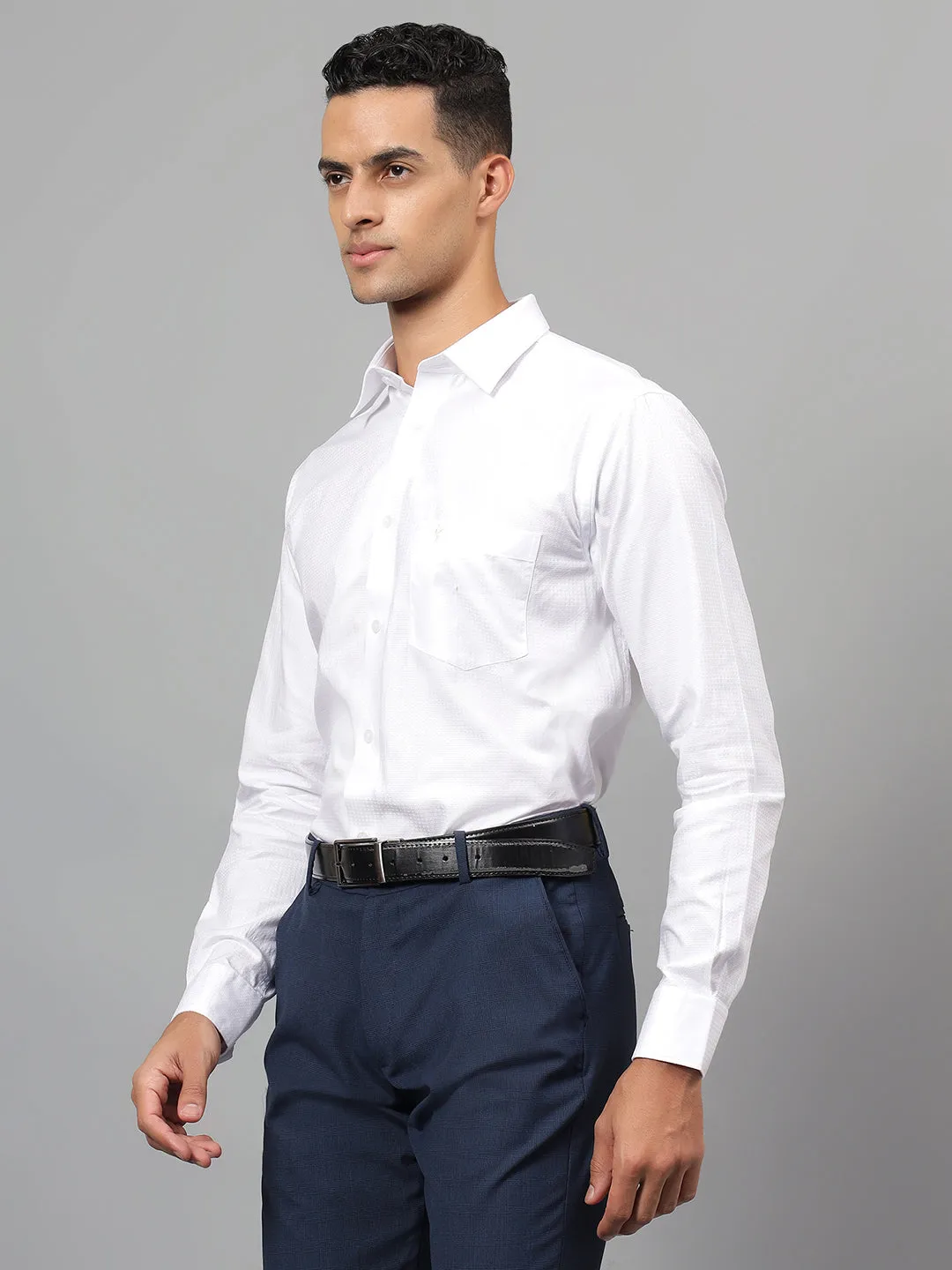 Men's White Self Design Full Sleeves Formal Shirt