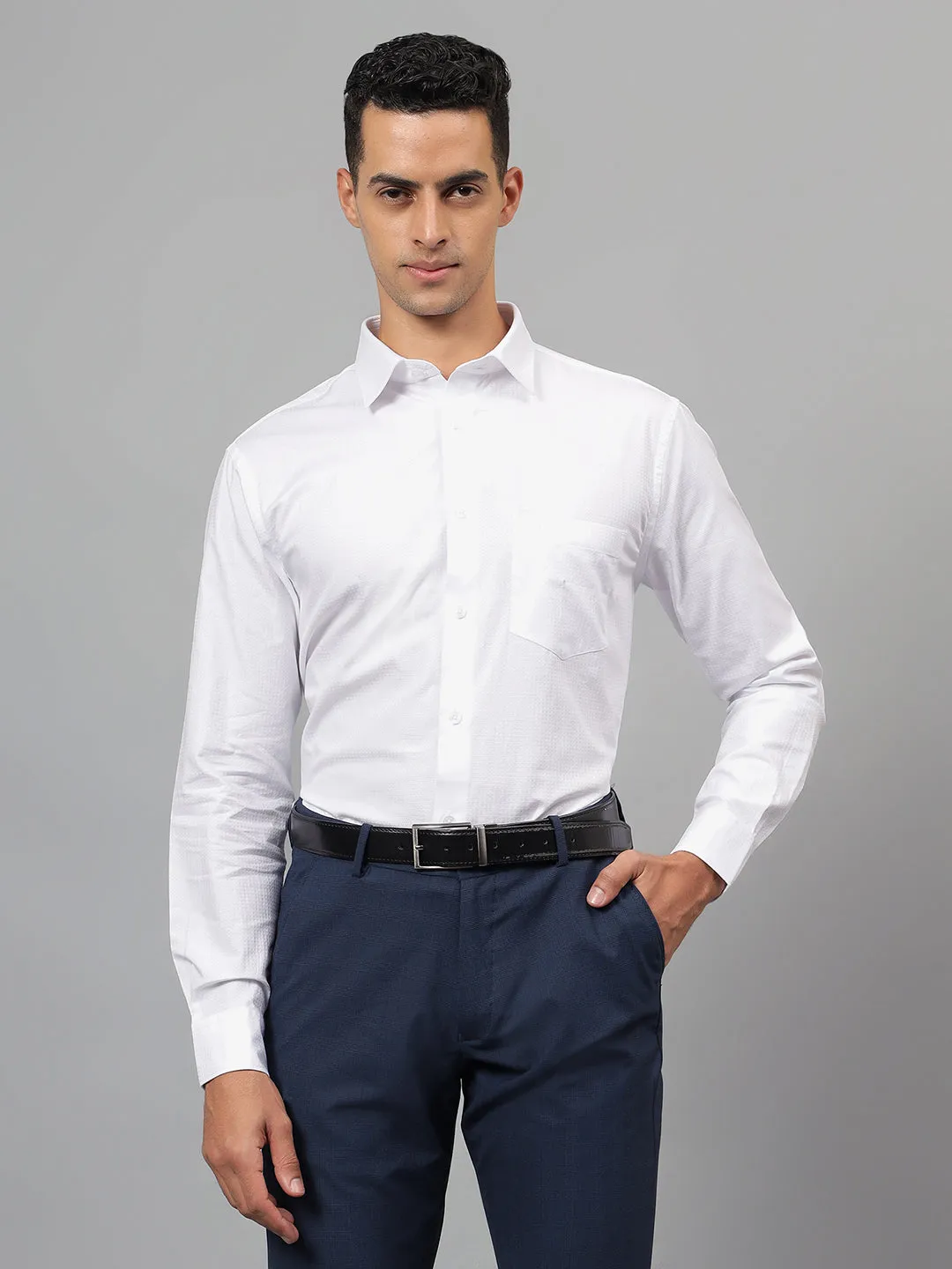 Men's White Self Design Full Sleeves Formal Shirt