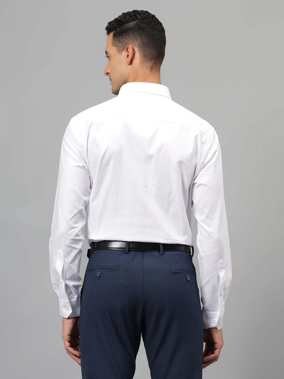 Men's White Self Design Full Sleeves Formal Shirt