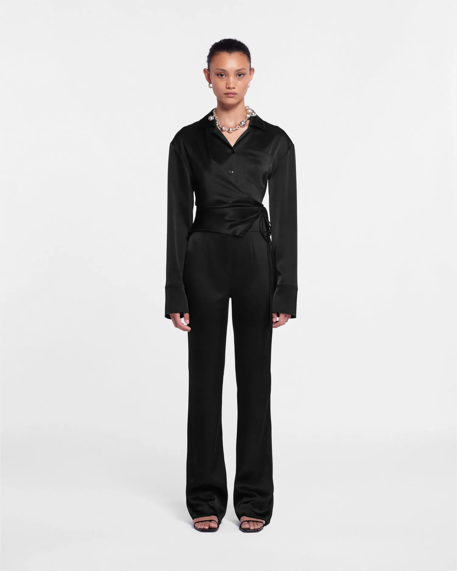 Merano - Slip Satin Wrap Shirt - Black