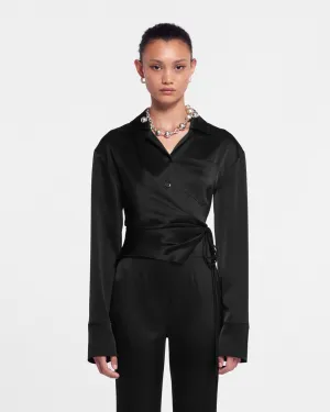 Merano - Slip Satin Wrap Shirt - Black