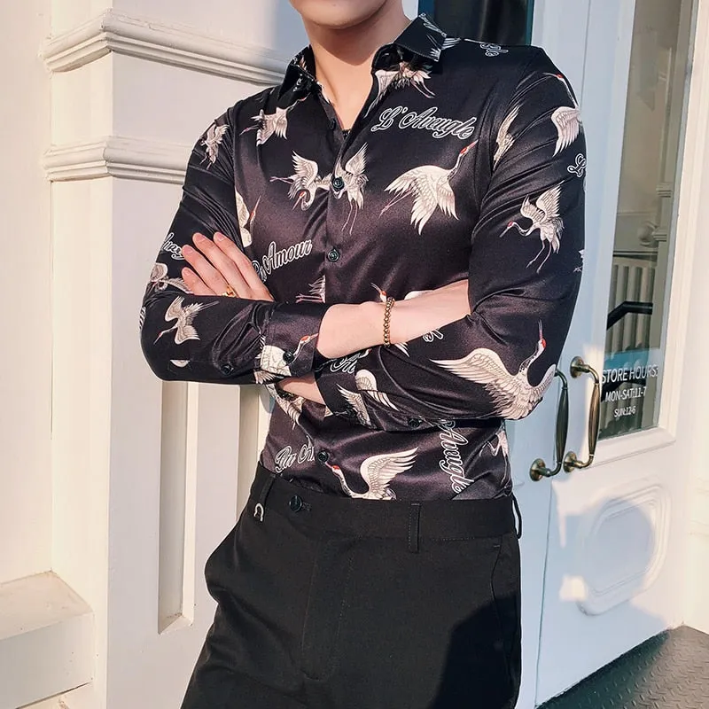 New Flamingo Pattern Printing Slim Fit Men Shirts