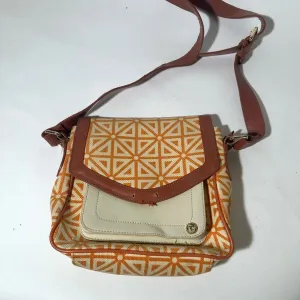 Orange and Cream Geometric Crossbody Bag with Flap Closure