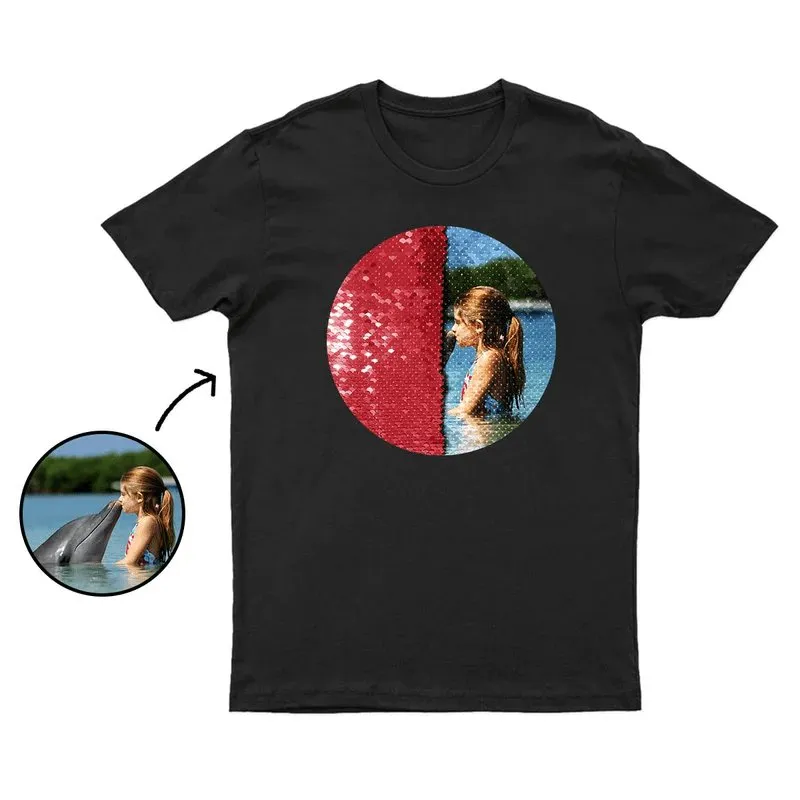 #S-6XL- Custom Photo Circle Shaped Sequin T-shirt Unisex Shirt DIY Cotton Sequin Tee