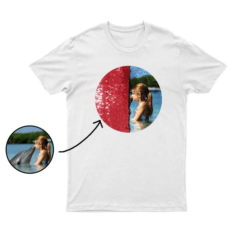 #S-6XL- Custom Photo Circle Shaped Sequin T-shirt Unisex Shirt DIY Cotton Sequin Tee