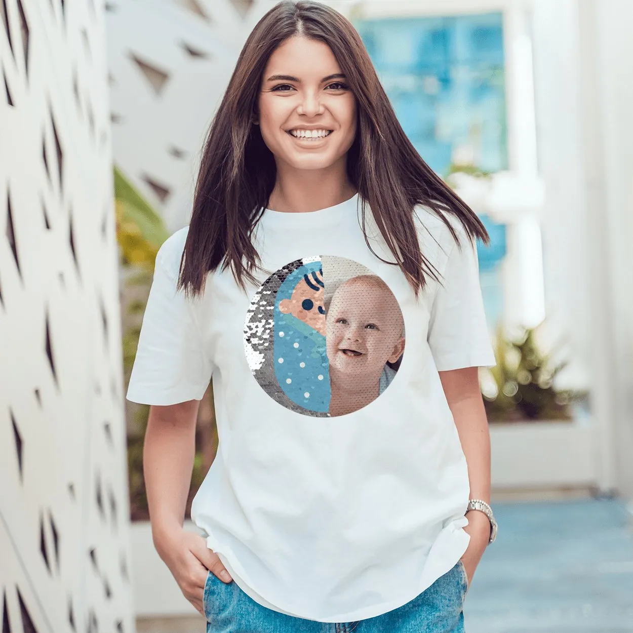 #S-6XL- Custom Photo Circle Shaped Sequin T-shirt Unisex Shirt DIY Cotton Sequin Tee