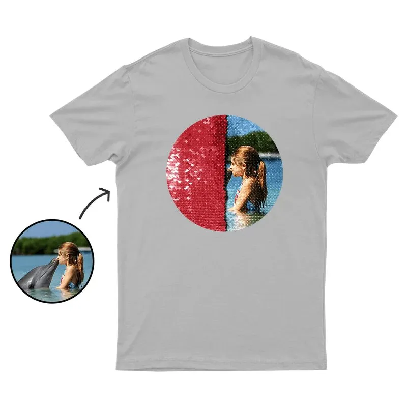 #S-6XL- Custom Photo Circle Shaped Sequin T-shirt Unisex Shirt DIY Cotton Sequin Tee