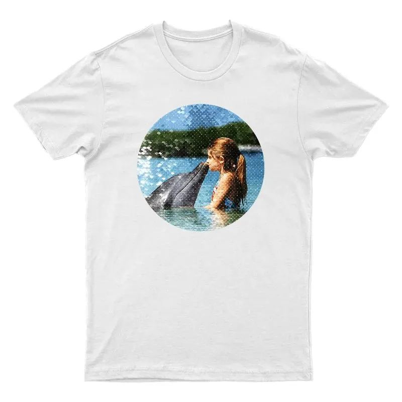 #S-6XL- Custom Photo Circle Shaped Sequin T-shirt Unisex Shirt DIY Cotton Sequin Tee