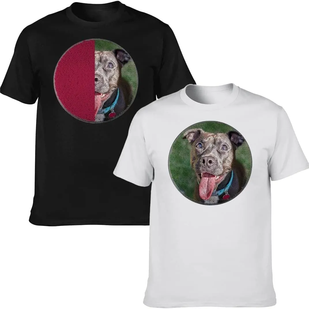 #S-6XL- Custom Photo Circle Shaped Sequin T-shirt Unisex Shirt DIY Cotton Sequin Tee