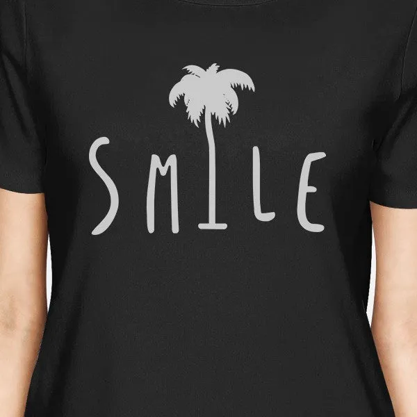 Smile Palm Tree Black Womens Funny Design Short Sleeve Tee Cotton
