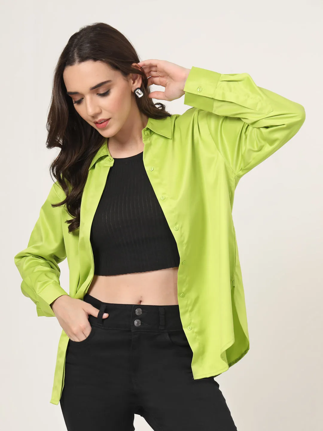 Style Quotient Women Solid Fluorescent Green Smart Casual Oversized Satin Shirt