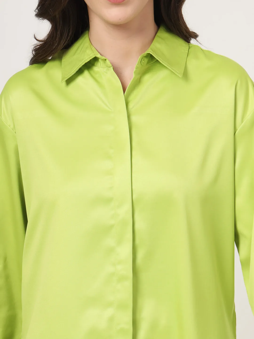 Style Quotient Women Solid Fluorescent Green Smart Casual Oversized Satin Shirt