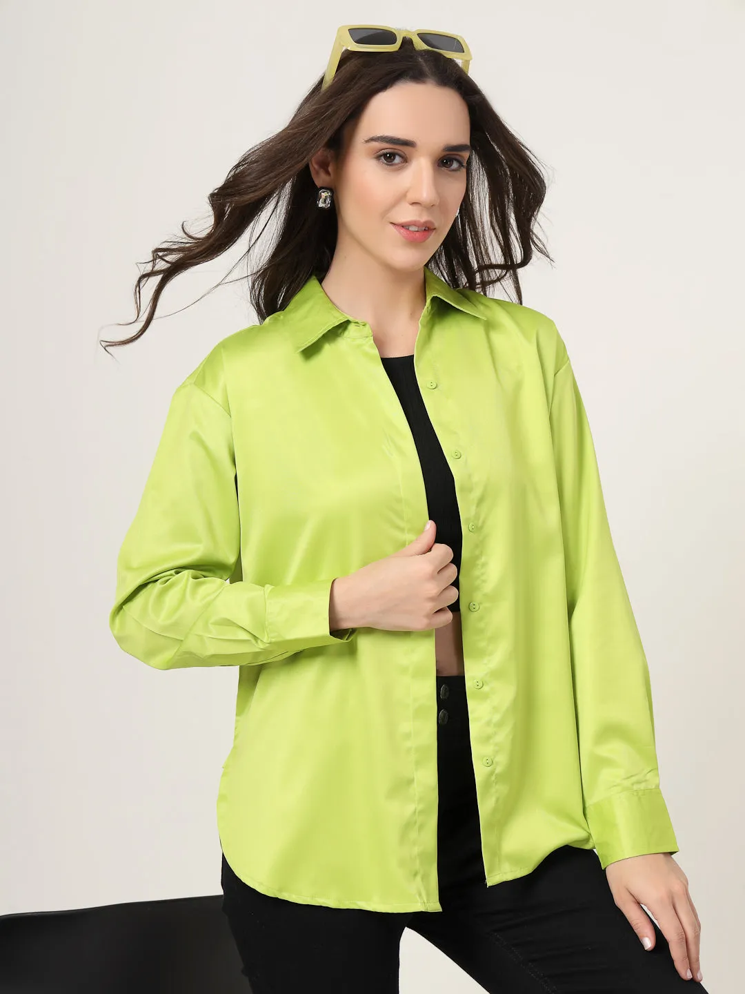 Style Quotient Women Solid Fluorescent Green Smart Casual Oversized Satin Shirt