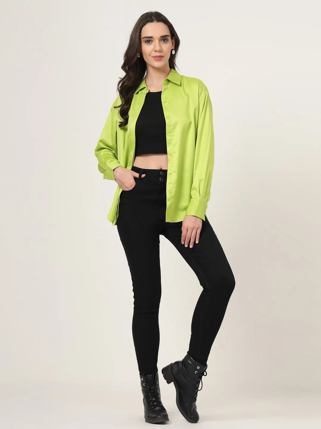 Style Quotient Women Solid Fluorescent Green Smart Casual Oversized Satin Shirt
