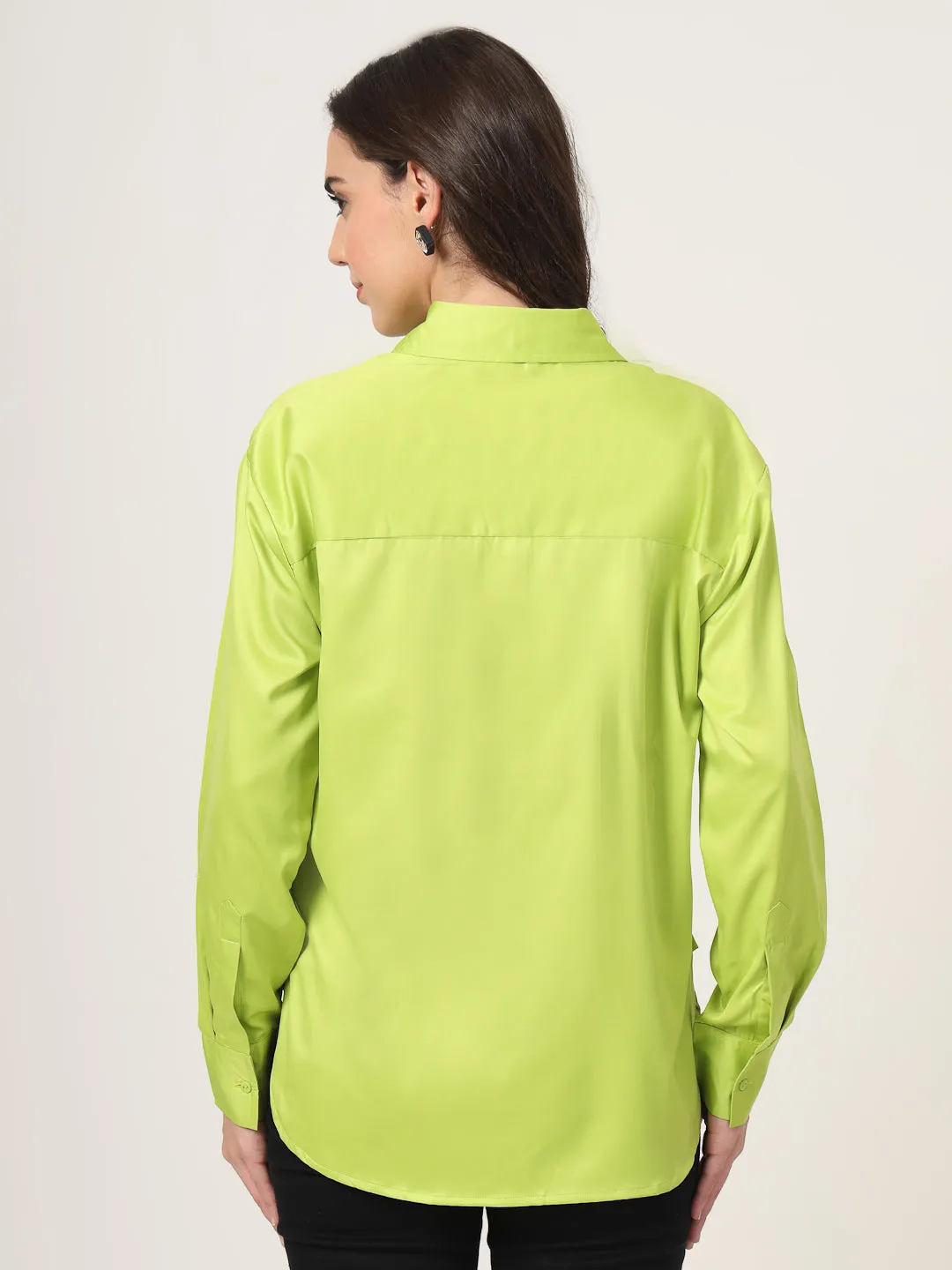 Style Quotient Women Solid Fluorescent Green Smart Casual Oversized Satin Shirt