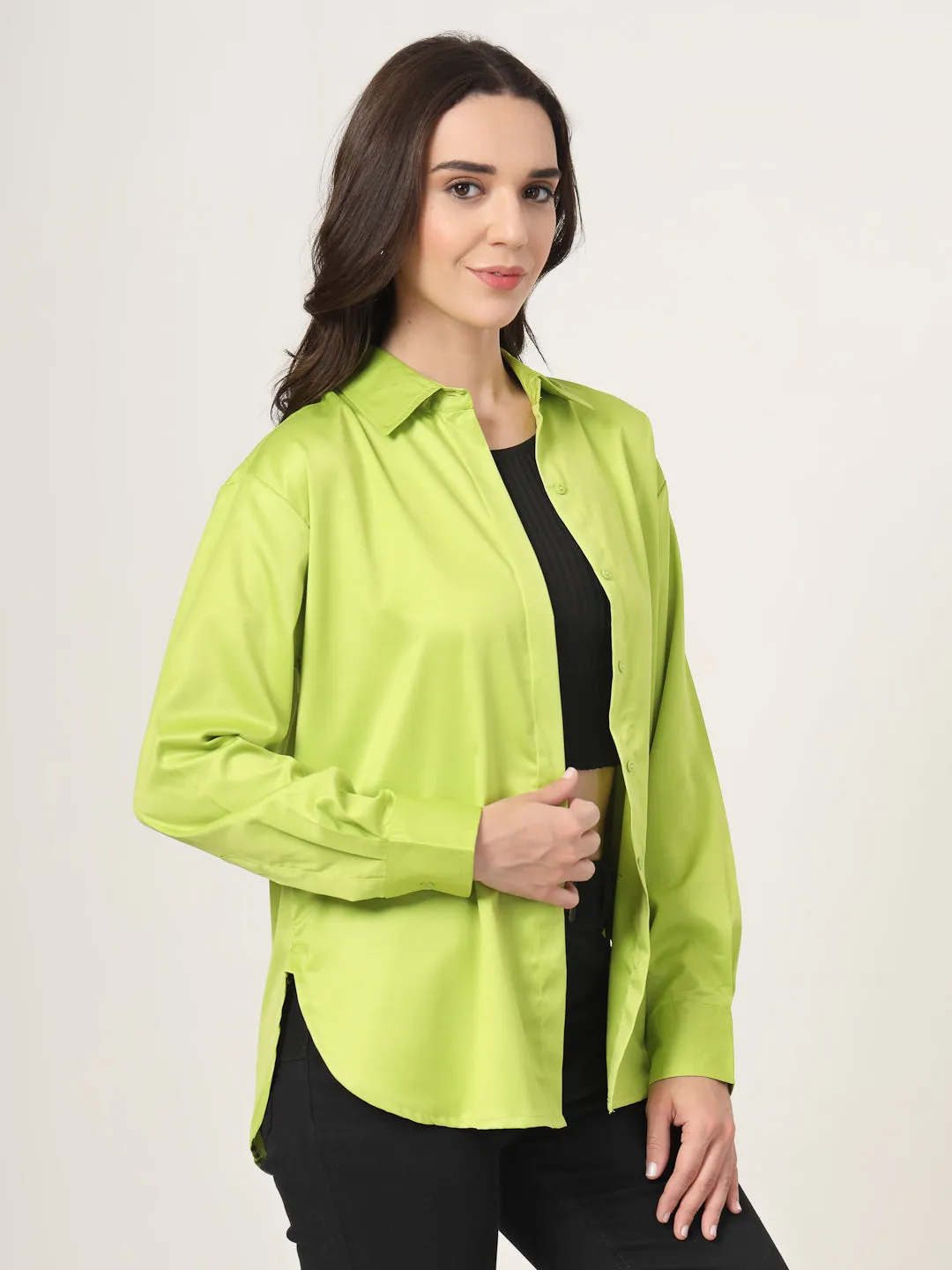 Style Quotient Women Solid Fluorescent Green Smart Casual Oversized Satin Shirt