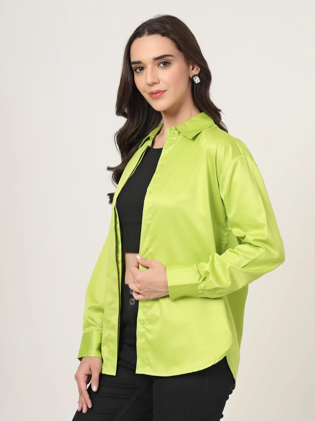 Style Quotient Women Solid Fluorescent Green Smart Casual Oversized Satin Shirt