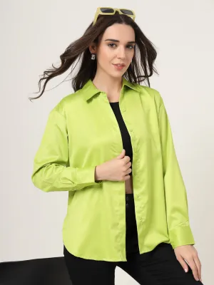 Style Quotient Women Solid Fluorescent Green Smart Casual Oversized Satin Shirt