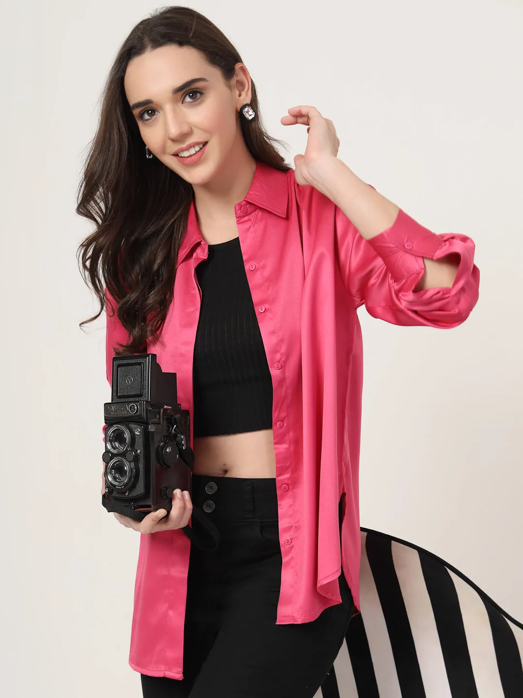 Style Quotient Women Solid Fuchsia Pink Smart Casual Oversized Satin Shirt