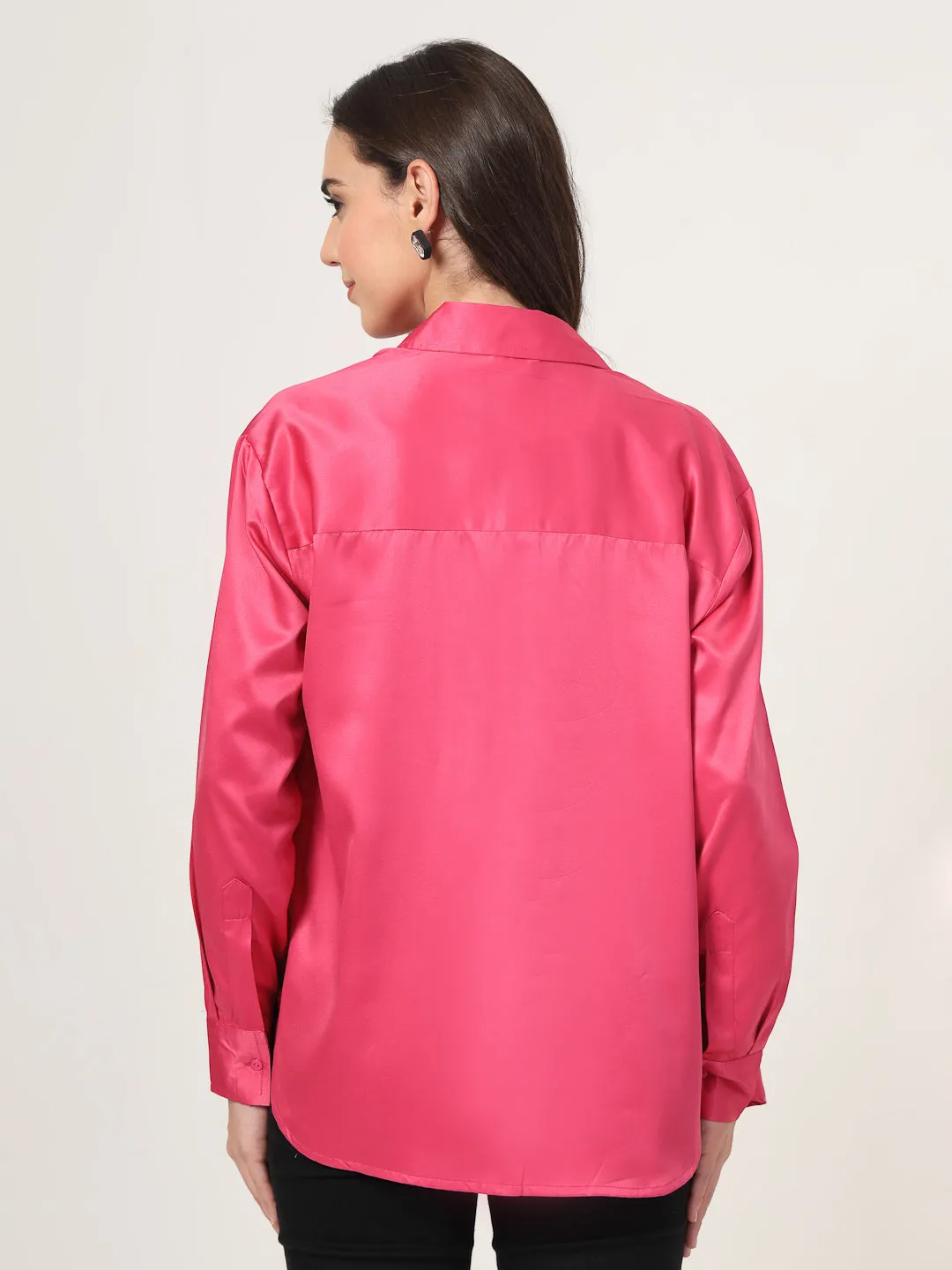 Style Quotient Women Solid Fuchsia Pink Smart Casual Oversized Satin Shirt