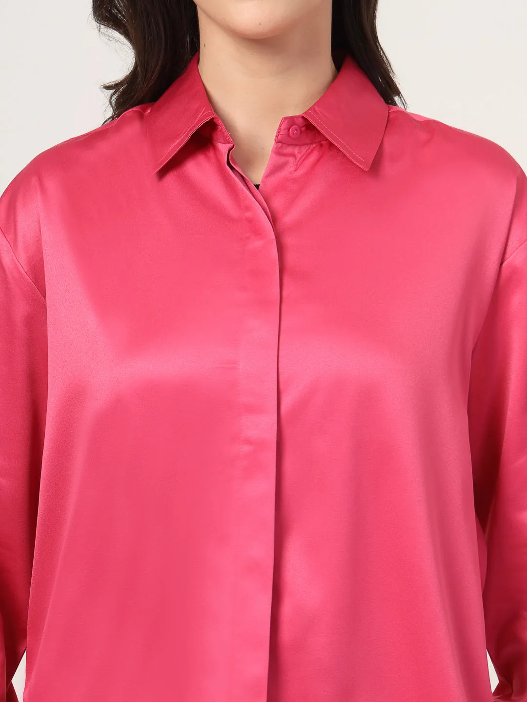 Style Quotient Women Solid Fuchsia Pink Smart Casual Oversized Satin Shirt