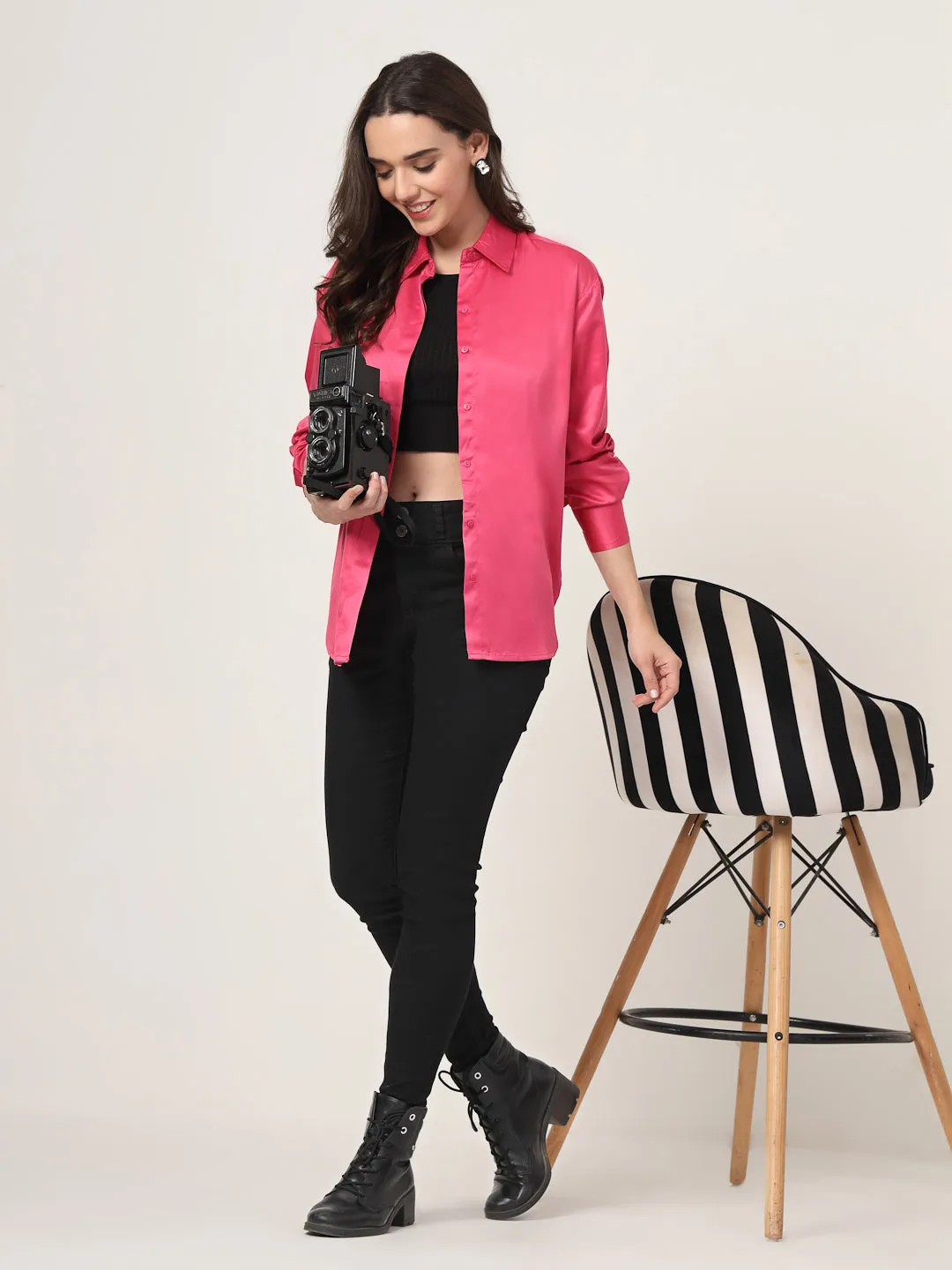 Style Quotient Women Solid Fuchsia Pink Smart Casual Oversized Satin Shirt