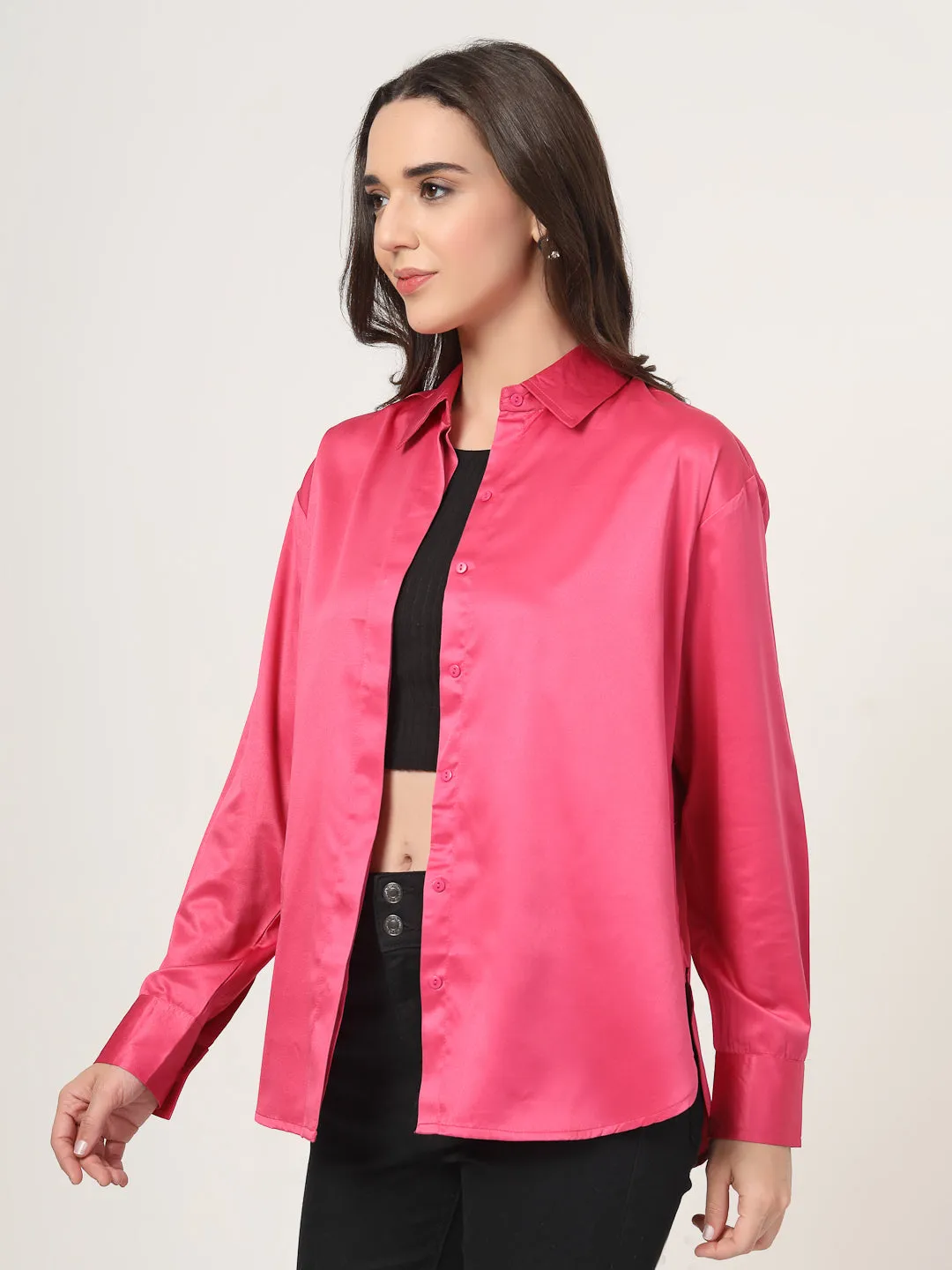 Style Quotient Women Solid Fuchsia Pink Smart Casual Oversized Satin Shirt