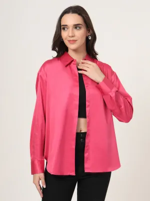 Style Quotient Women Solid Fuchsia Pink Smart Casual Oversized Satin Shirt