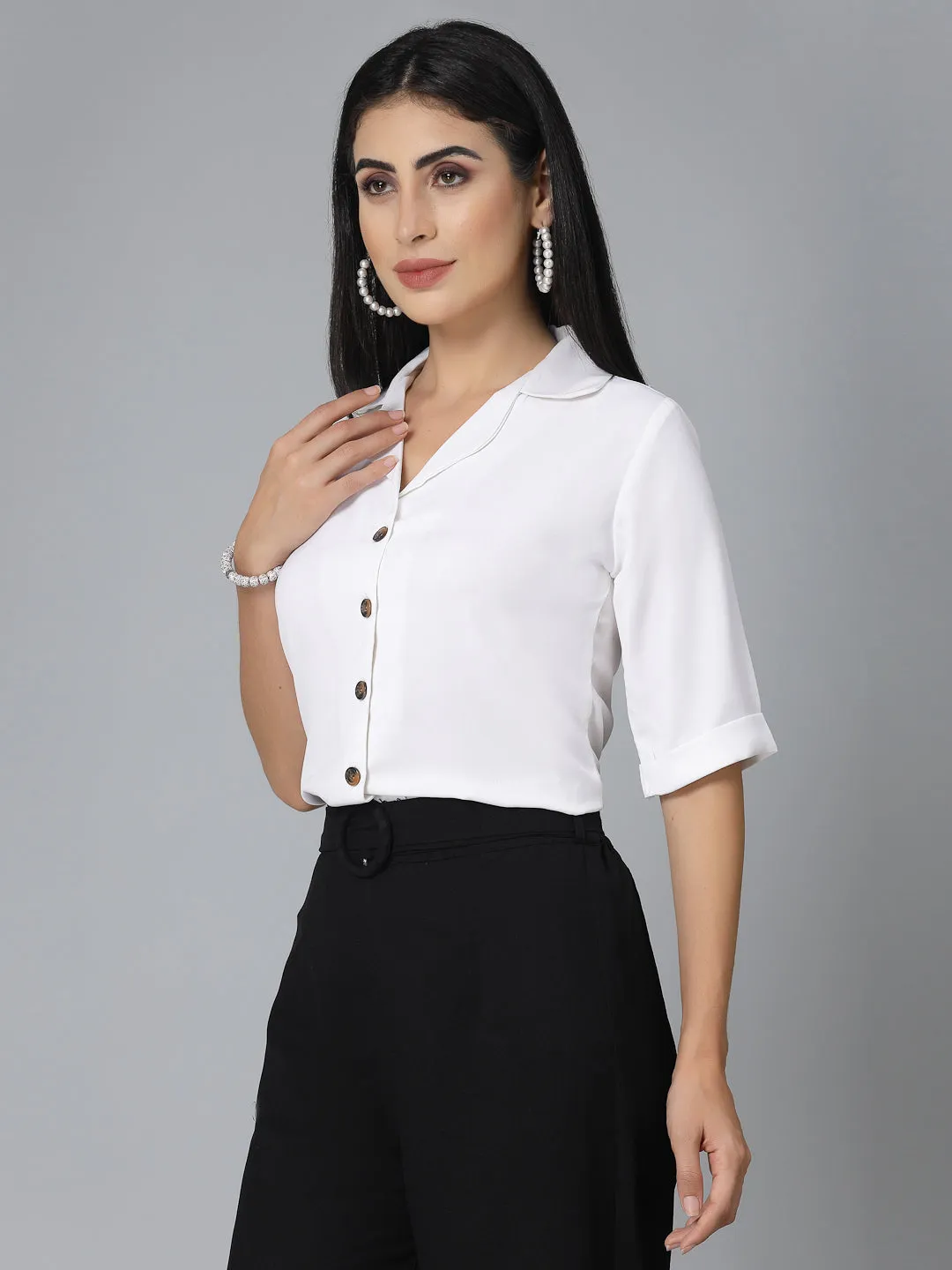 Style Quotient Women Solid White Polycrepe Regular Formal Shirt