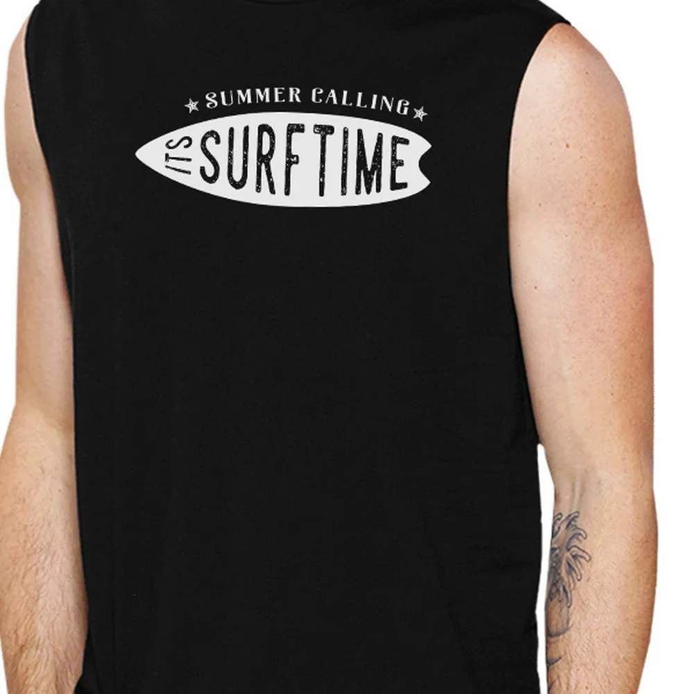Summer Calling It's Surf Time Mens Black Muscle Top