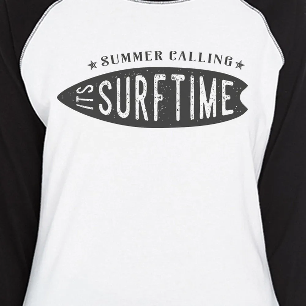 Summer Calling It's Surf Time Womens Black And White Baseball Shirt