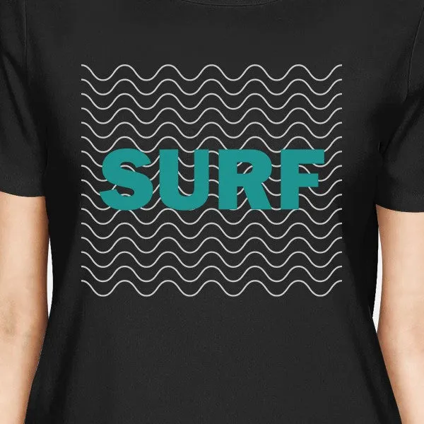 Surf Waves Womens Black Graphic Short Sleeve Tshirt Cool Summer Top