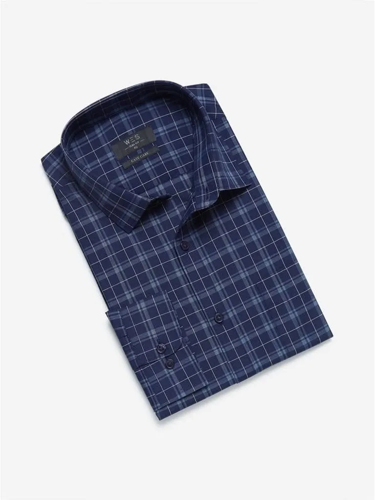 WES Formals Navy Slim Fit Check Shirt