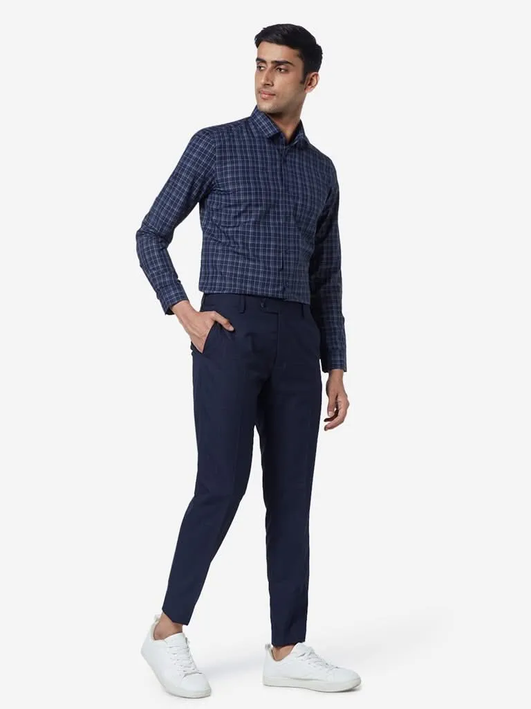 WES Formals Navy Slim Fit Check Shirt
