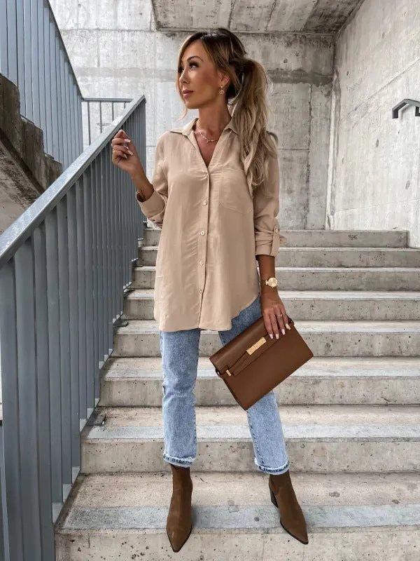 Women's Simple Solid Color Rolled Sleeves V-neck Buttons Blouses
