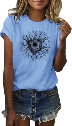 Women's T Shirts Short Sleeve Tees Sunflower Graphic Stretch Slim Summer Tops Female Casual Pattern Print Tank Tops Holiday