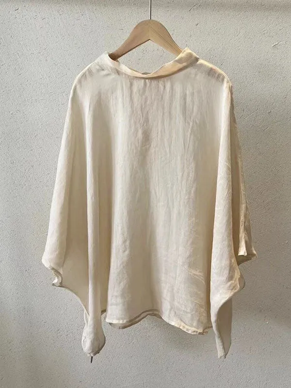 xakxx Batwing Sleeves Loose Lace-Up See-Through Solid Color Stand Collar Shirts Tops