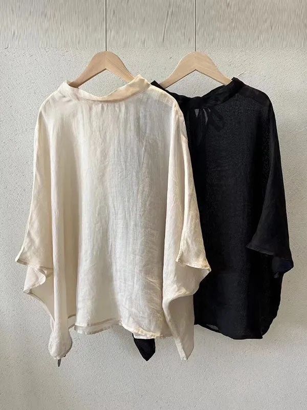 xakxx Batwing Sleeves Loose Lace-Up See-Through Solid Color Stand Collar Shirts Tops