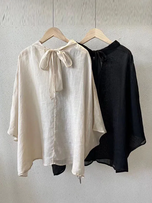 xakxx Batwing Sleeves Loose Lace-Up See-Through Solid Color Stand Collar Shirts Tops